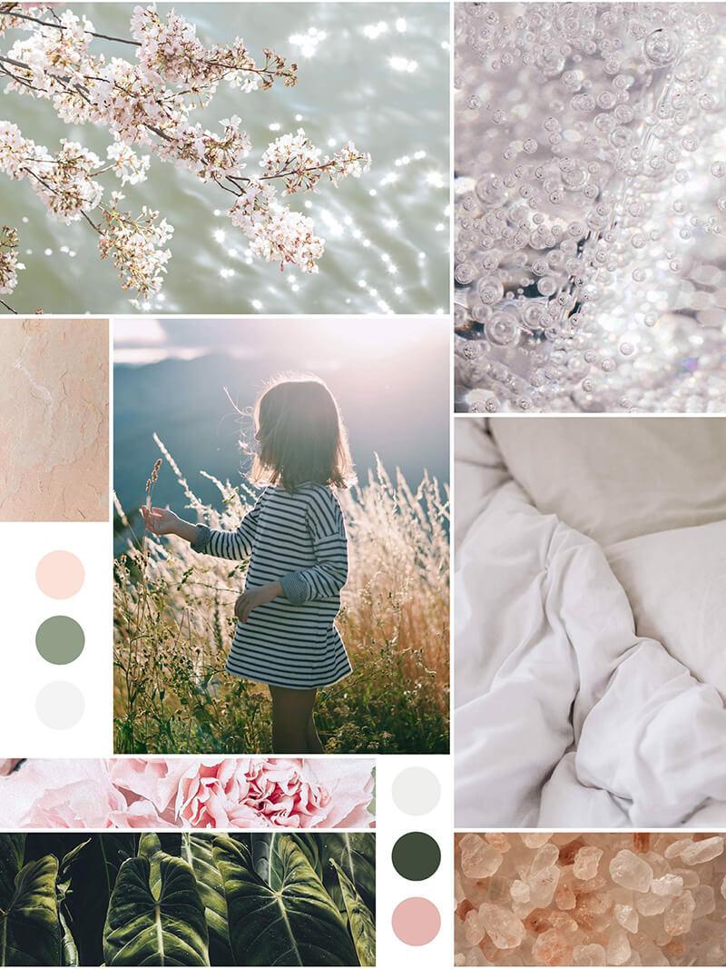 A collage of images in soft pinks, greens, and whites. Featuring a little girl in a striped dress in the middle of a field surrounded by dog wood trees, roses, leaves, and soft linens